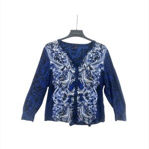 DANA BUCHMAN Women  12  Blue V Neck Long Sleeve Blouse Button Top Floral Paisley